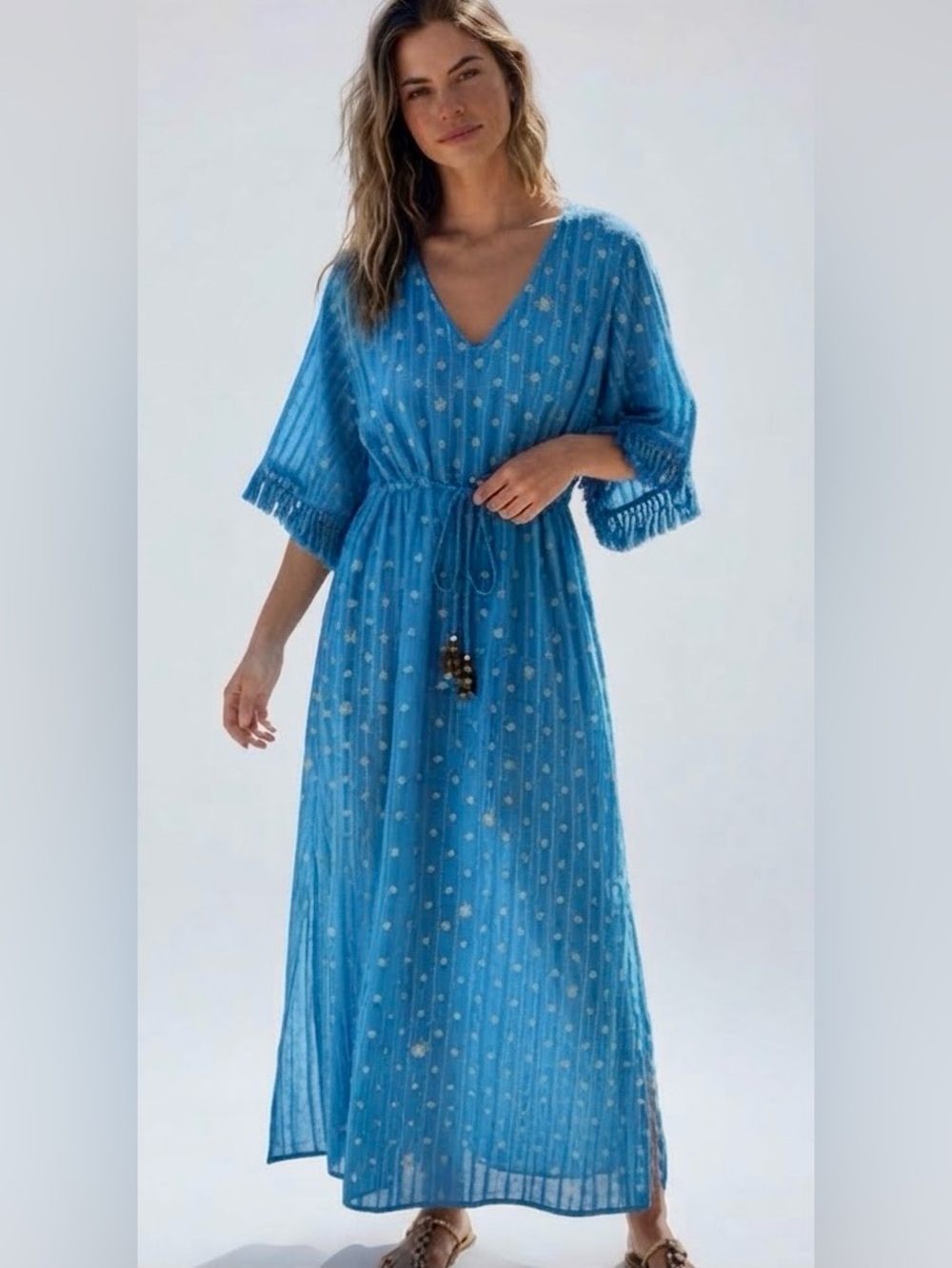 Boho Sundress Teal in color with Golden Stars and beaded tassels
